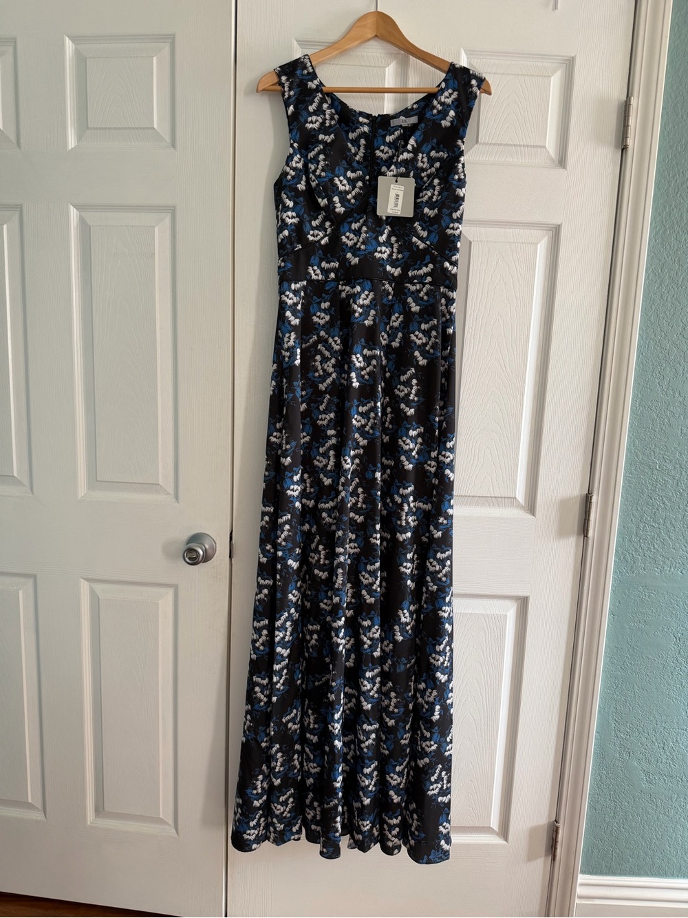 Zac Posen Black Maxi Dress with Blue and White Floral Print